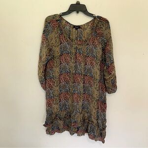 Tolani Anthropologie Silk Patterned Ruffle Hem Tunic Dress Long Sleeve Sz Large